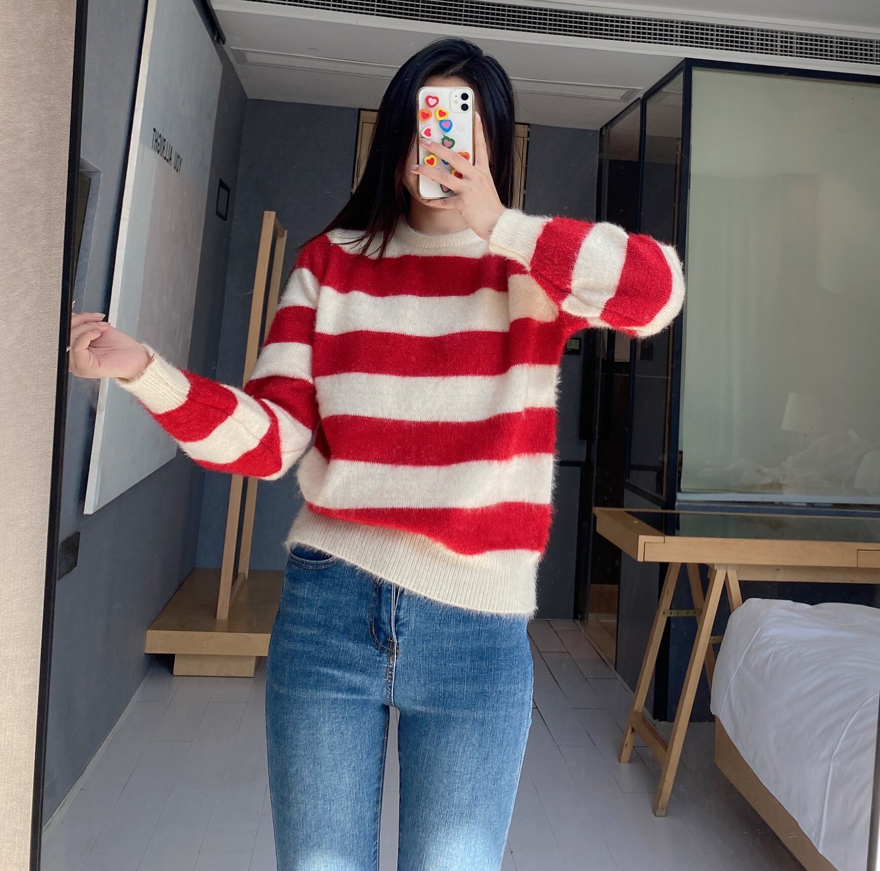 wmxz自制经典复古红白撞色拼接条纹毛衣甜美少女针织衫宽松上衣