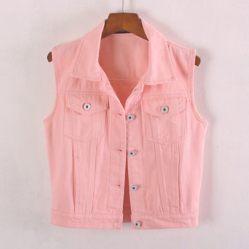 2021春秋韩版百搭短款无袖牛仔马甲粉色背心马夹