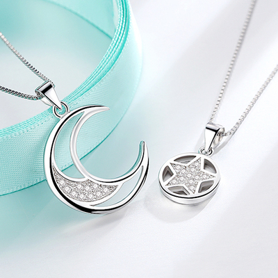 正品925纯银情侣项链异地恋星月拼接银饰项坠一对刻字情人节生日