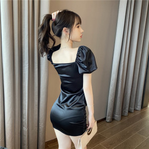 V-neck bubble sleeve pleated tight Hip Wrap Skirt