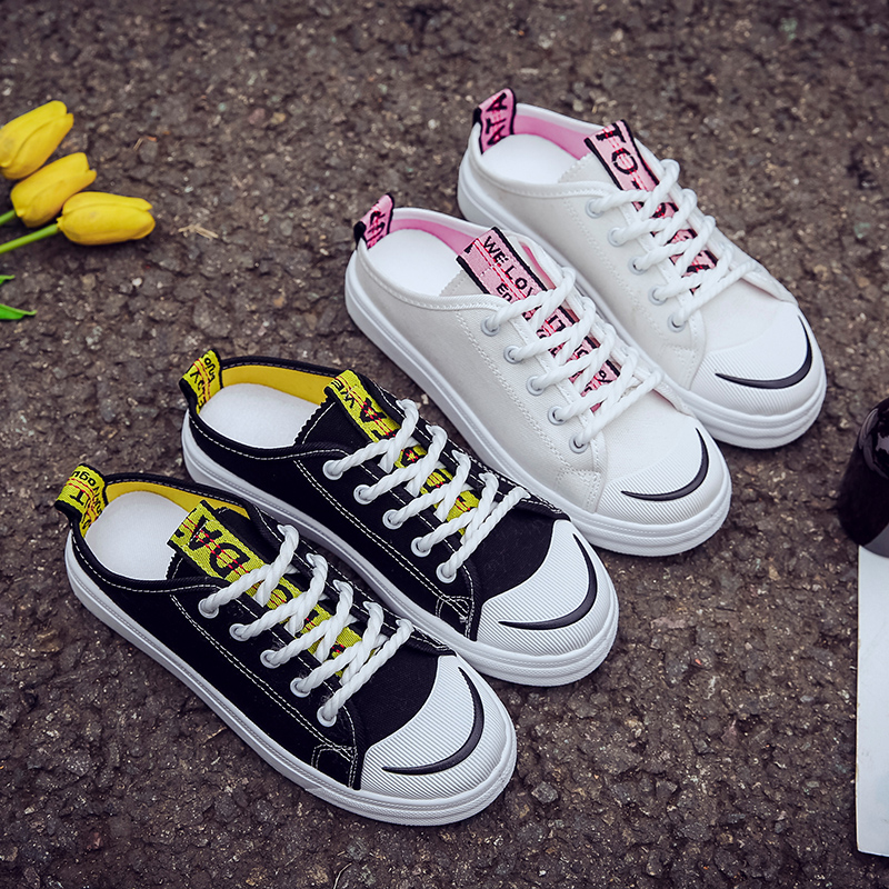 2019 new pattern Spring and summer canvas shoe Semi slipper Heel Lazy man A pedal Korean Edition Versatile No Contact White shoesin the Women's Shoes, Low shoes category - from Buy2taobao.com to provide professional Taobao agent buy service
