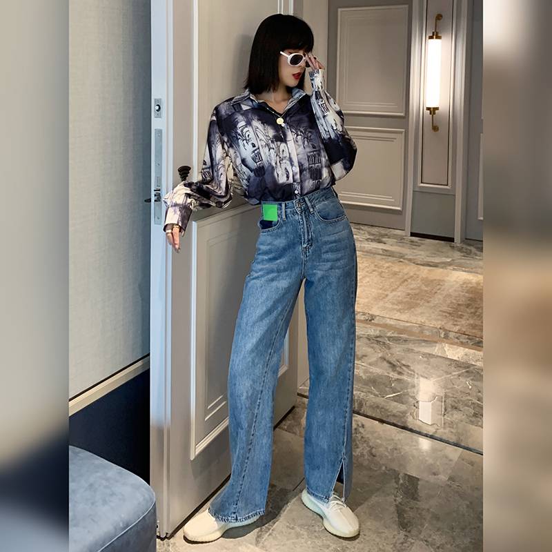 。荧光绿标不规则扭曲开叉浅蓝色牛仔裤高腰直筒宽松显瘦阔脚裤长|ruв категории Женская одежда, джинсы - от Buy2taobao.com для оказания профессиональной услуги покупки агента Taobao
