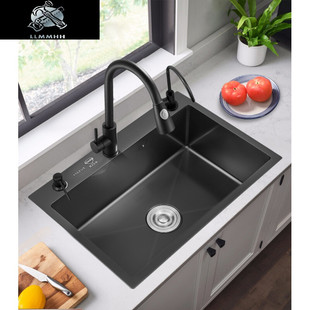 厨房洗菜盆纳米手工水槽大单槽不锈钢洗碗槽黑色水池家用台上下|