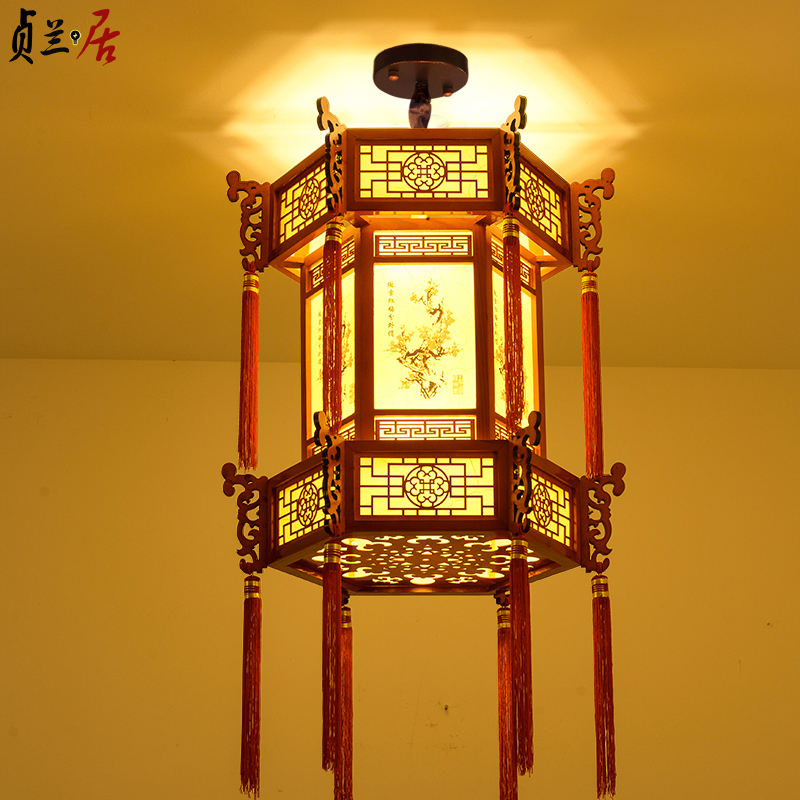 仿古中式实木吊灯复古六角宫廷长廊古建别墅茶楼寺庙祠堂羊皮宫灯