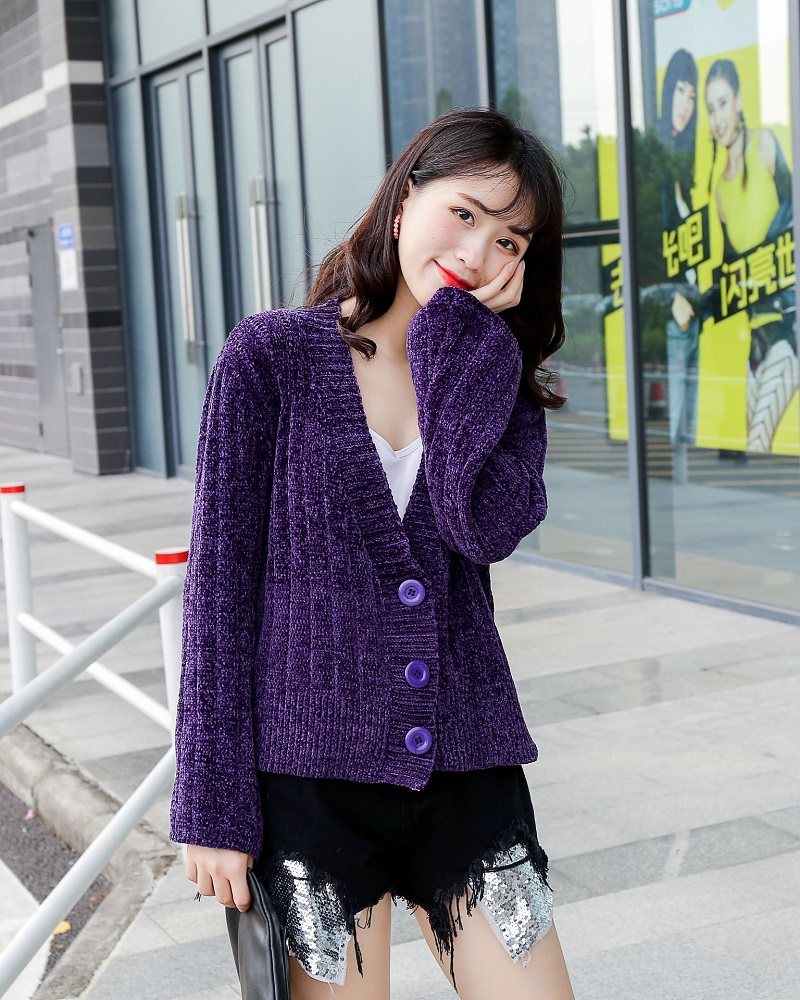 实拍chic慵懒风金丝绒v领毛衣女开衫外套短款雪尼尔粗毛线长袖针