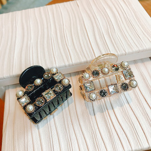 韩国新款水钻巴洛克风复古抓夹几何方形珍珠个性发抓发卡盘发夹子