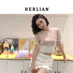 HERLIAN 2023年夏季新品芭蕾系列撞色泡泡短袖短款薄款针织衫上衣