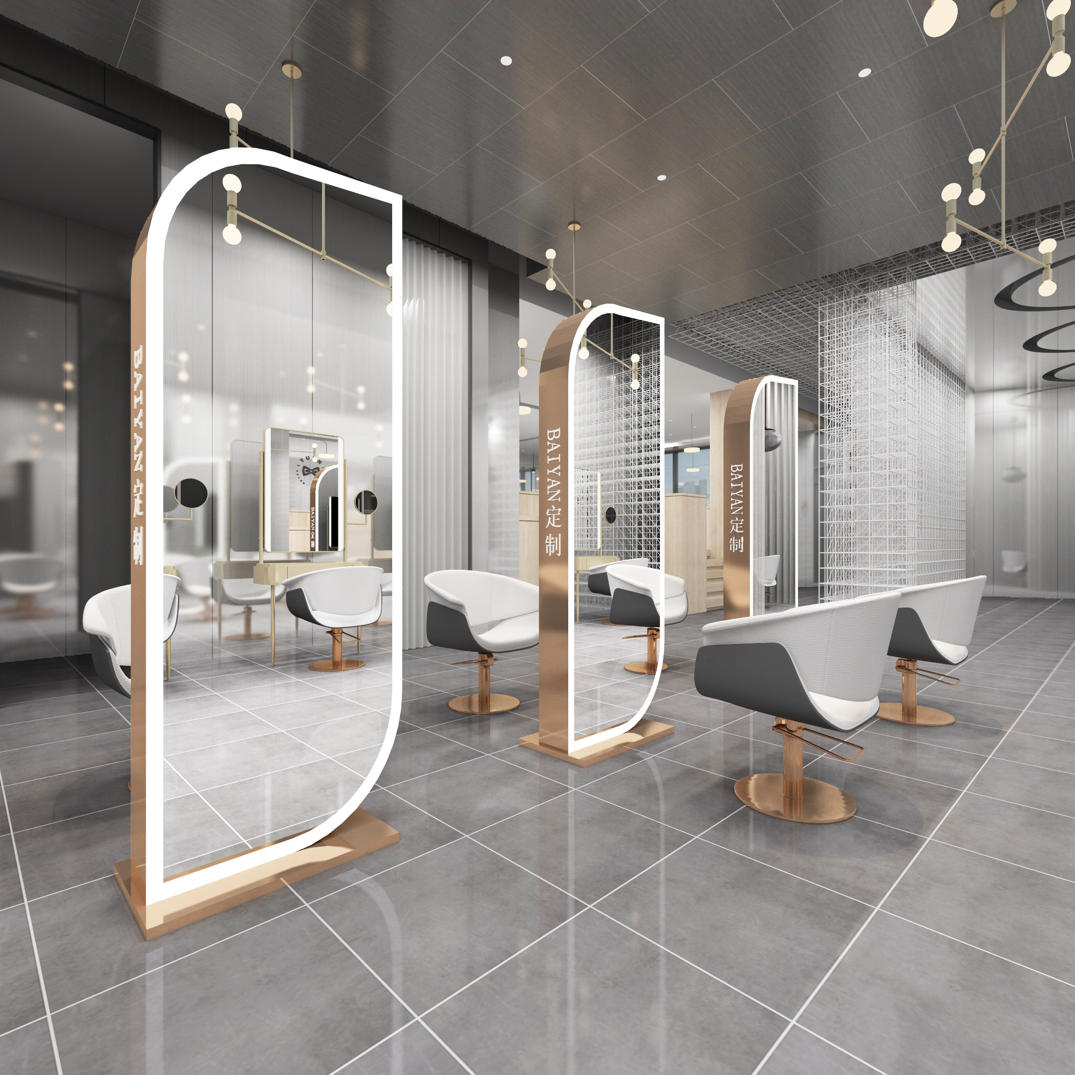 网红理发店镜台美发店镜子潮款双面镜子柜子一体发廊专用led触控