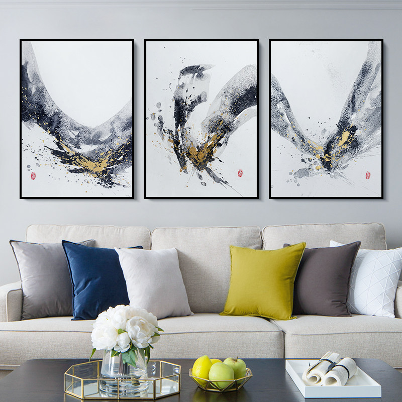沙发背景墙装饰画客厅新中式现代简约抽象画玄关三联壁画轻奢挂画