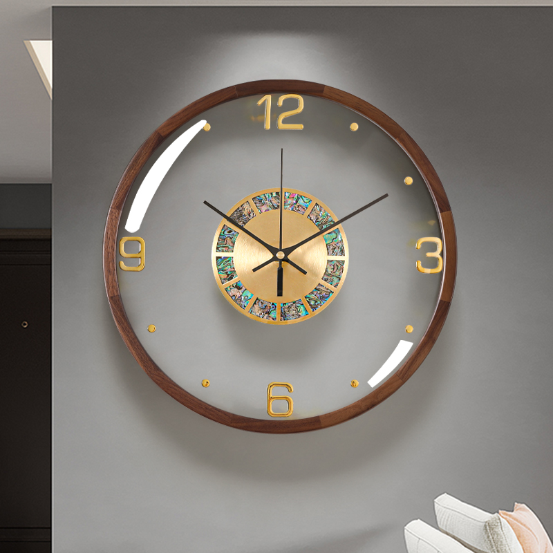 2022新款胡桃实木透明挂钟现代轻奢客厅家用钟表免打孔挂墙表时钟