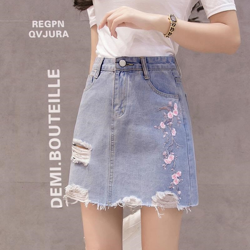 高腰牛仔绣花半身裙女A字裙破洞毛边短裙修身牛仔裙子女学生韩版|msdalam kategori Butik wanita / wanita, skirt - dari Buy2taobao.com untuk memberikan perkhidmatan ejen Taobao profesional membeli