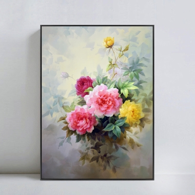 玄关装饰画牡丹竖版油画图片