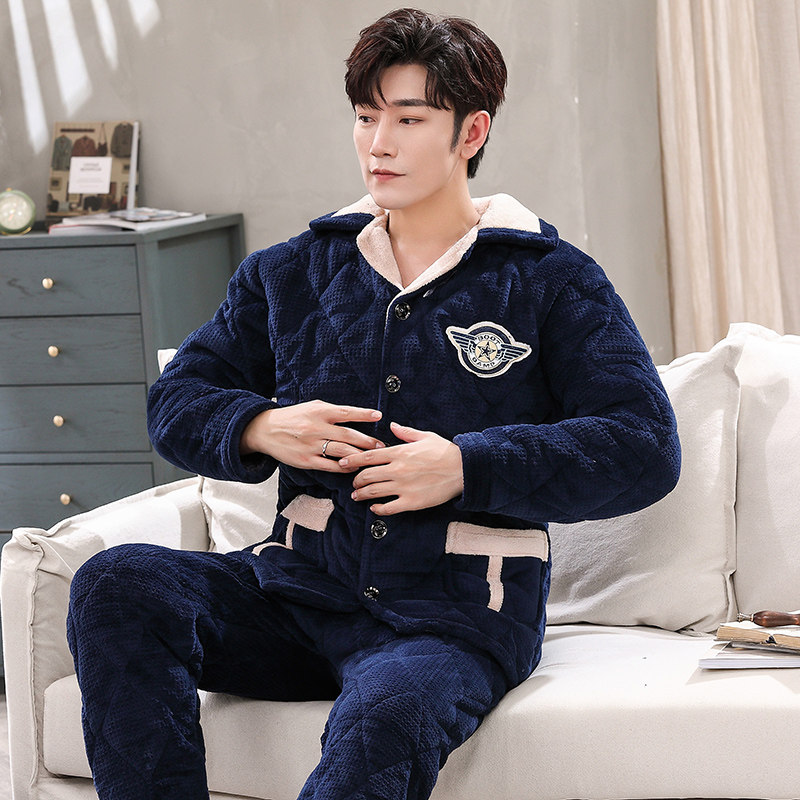 男士睡衣冬季加厚加绒珊瑚绒三层夹棉套装法兰绒保暖家居服秋冬款