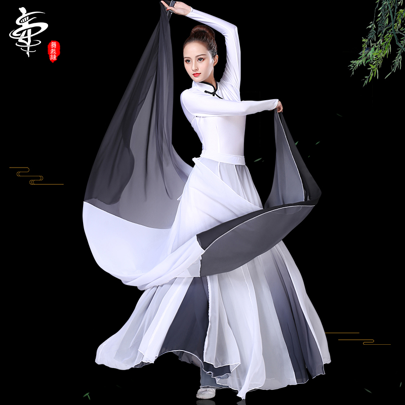 古典舞水墨丹青舞蹈服装黑白渐变大摆裙飘逸墨汐中国风成人女定制