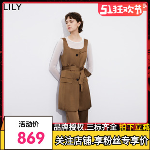 【商场同款】LILY2024春新款女装含亚麻时尚短款背带连衣裙小个子