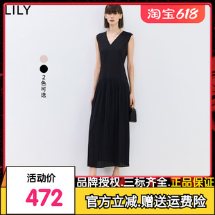 LILY2024夏新款女装设计感学院风百褶气质V领通勤长款高腰连衣裙