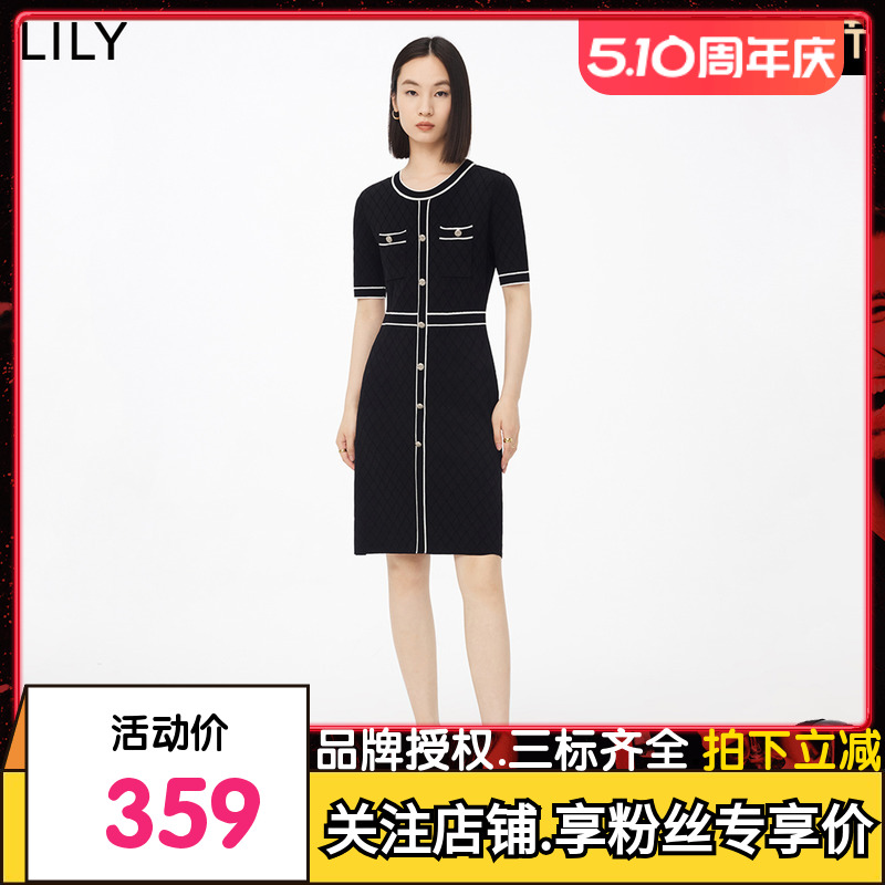 【专柜甄选】LILY2023秋新款女装复古小香风修身针织连衣裙小个子