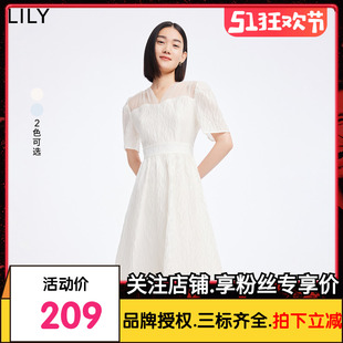 LILY2022夏季新款女装气质V领长裙浪漫法式高腰显瘦短袖连衣裙女