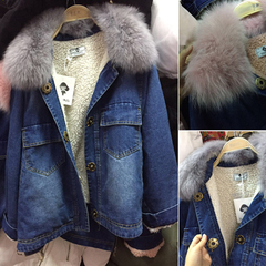 欧洲站2016冬装新款狐狸毛领加厚羊羔毛牛仔外套女加绒夹克褂子潮
