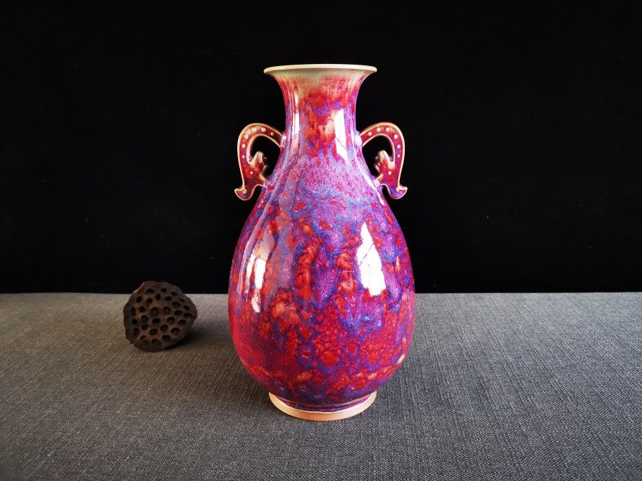 河南省陶瓷工艺美术大师宋红雨手拉胚制作钧瓷凤耳瓶博物架花瓶摆