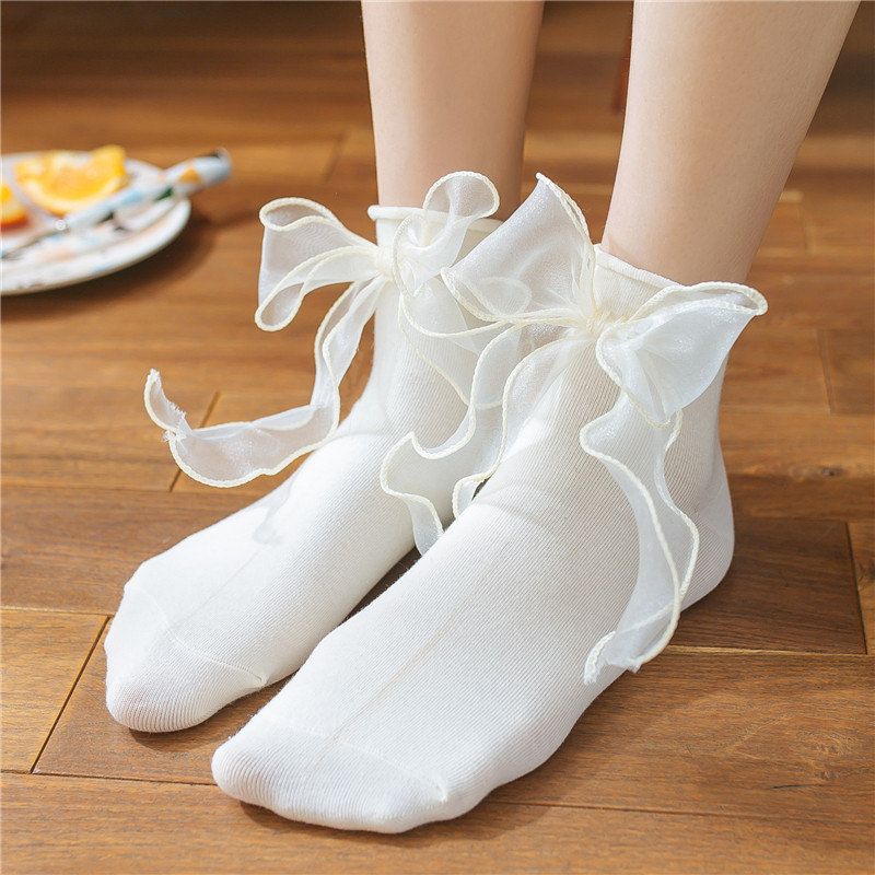 日系甜美lolita蝴蝶结蕾丝花边短袜女韩版可爱软妹白色袜子洛丽塔