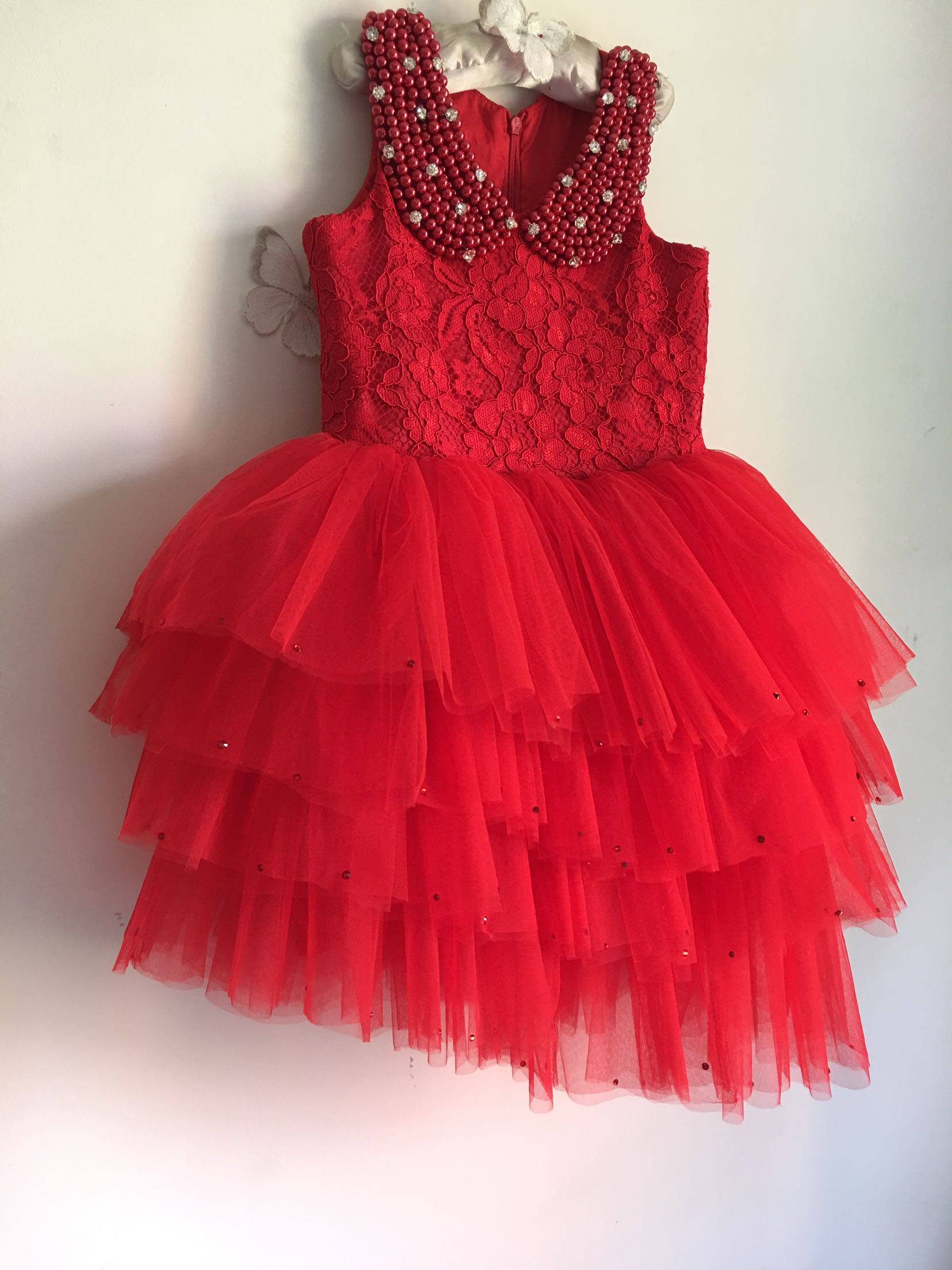 时尚珍珠亮钻装饰靓丽大红色儿童女生毕业礼服花童公主纱裙表演