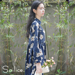 Sailice {灯芯绒印花}2016春夏新款复古文艺小清新碎花长袖连衣裙