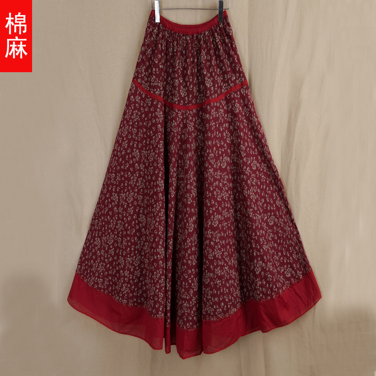 夏季女棉麻中长裙棉麻大摆沙滩印花A字裙民族风波西米亚麻半身裙在类目 女装/女士精品, 半身裙中 - 来自Buy2taobao.com提供专业的淘宝代购服务
