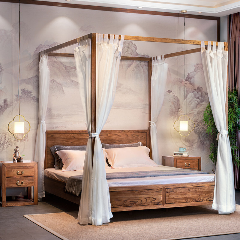 新中式全实木床1.8米双人床禅意主卧简约老榆四柱架子床民宿家具