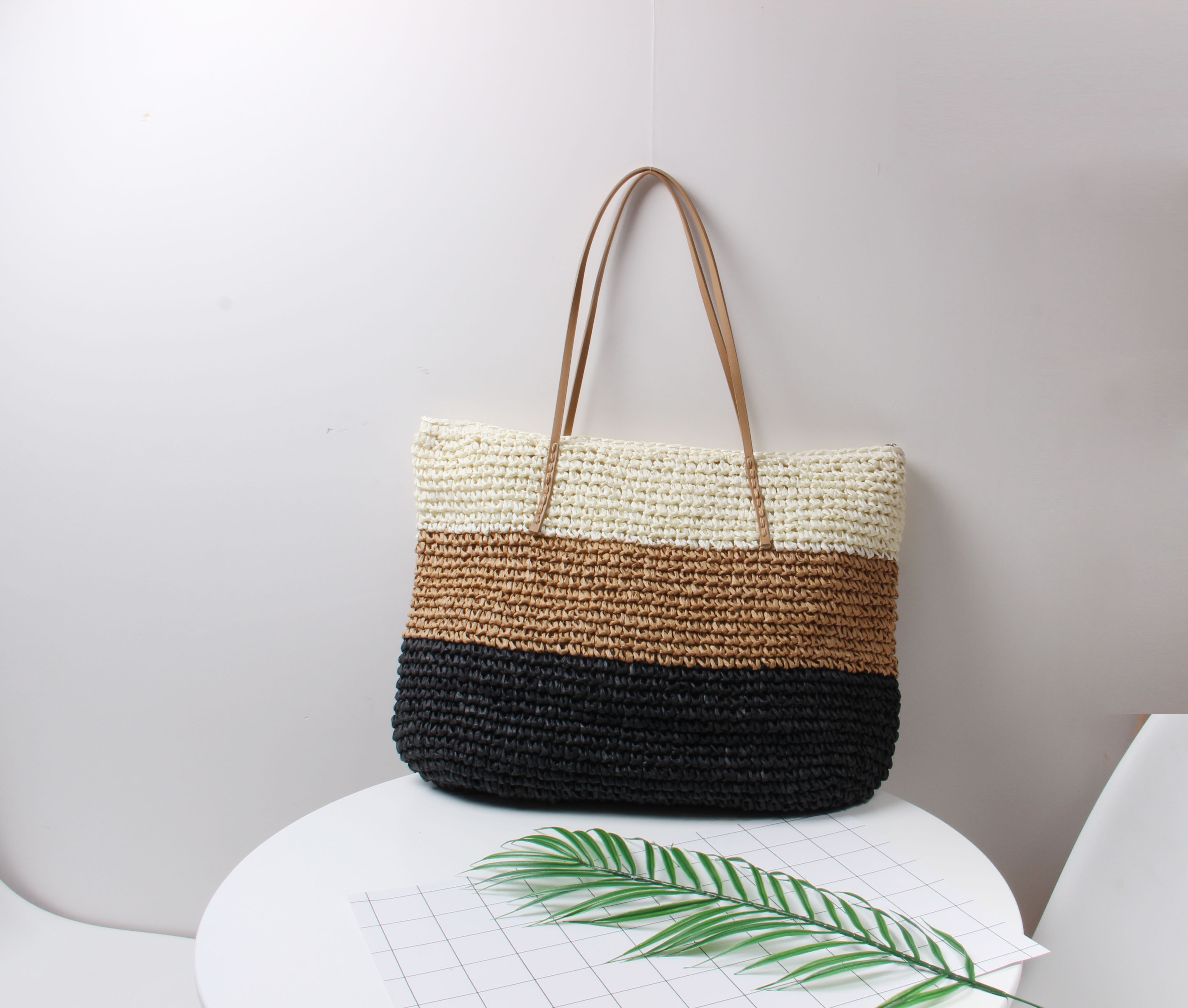 欧美简约风时尚撞色条纹女款草编包单肩包手提包度假旅游沙滩包