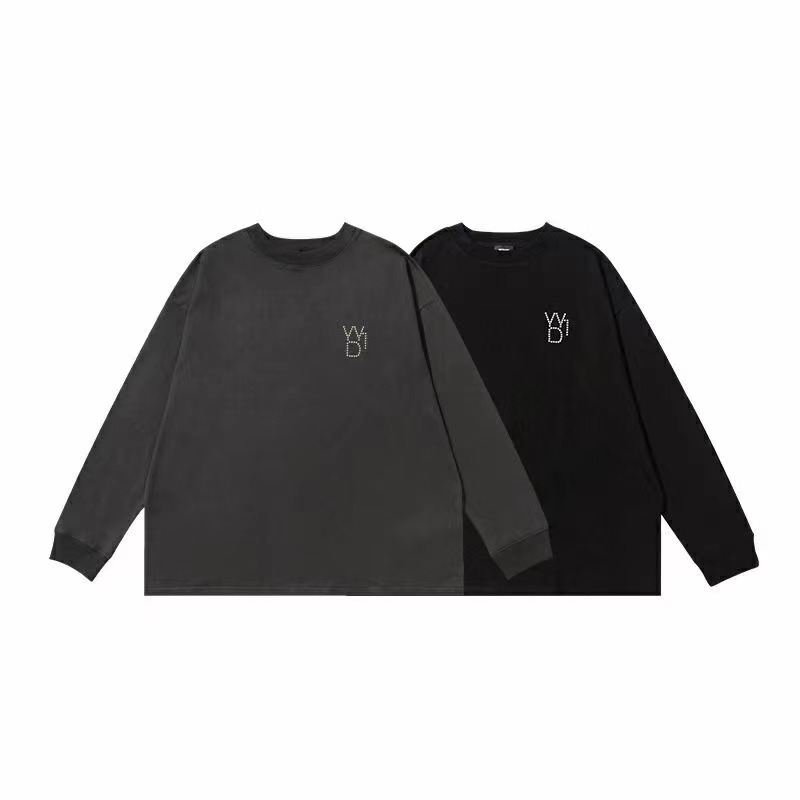 ZWSP潮牌 WELL 韩版WD立体珍珠Logo Oversize 圆领长袖情侣T恤tee