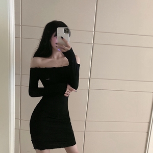 New off shoulder fashion sexy temperament long sleeve waist bag hip slim dress