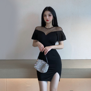 Gauze Strapless leaf edge waist round neck split sexy fashion solid color dress