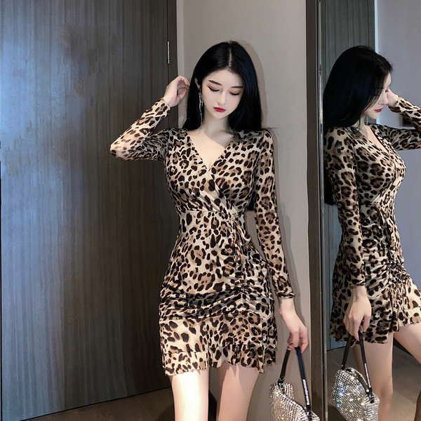 Long sleeve V-neck sexy fashion leopard pattern Ruffle waist dress