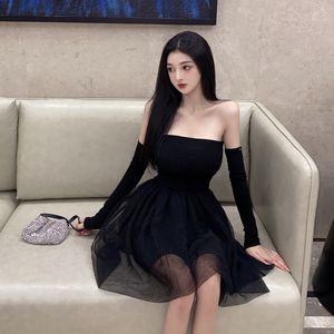Autumn new long sleeve sexy thin puffy mesh skirt solid A-line dress