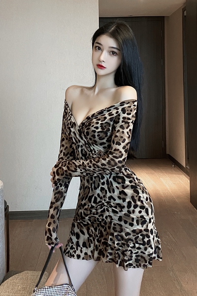 Long sleeve V-neck sexy fashion leopard pattern Ruffle waist dress