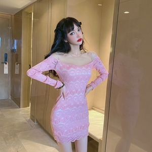 New long sleeve mesh stitched lace slim waist bag hip bottoming slim pink dress