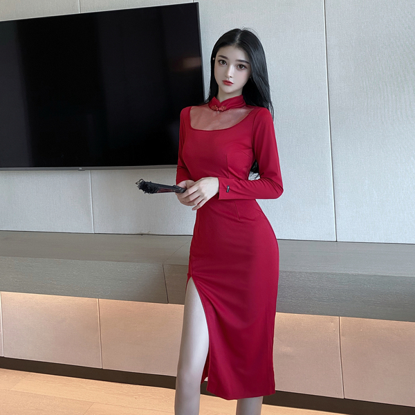 Long sleeve modified retro daily cheongsam waist closing sexy slit long dress