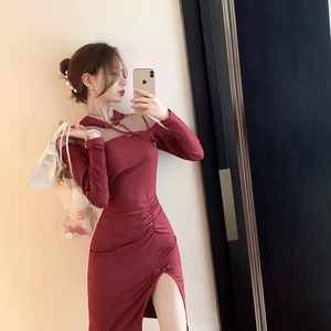 New long sleeved improved cheongsam style mesh spell receiving waist bag hip slit fashion dress