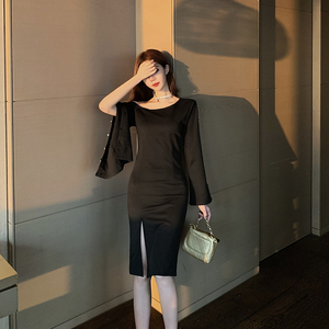 Slant shoulder herringbone neck off shoulder horn sleeve waist slit thickened small black skirt celebrity dress