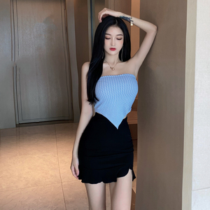 Pure desire suit short slim fit waist bag hip Strapless Ruffle half skirt two piece women's dress