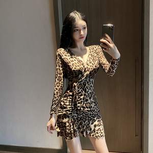 Long sleeve V-neck sexy fashion leopard pattern Ruffle waist dress