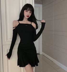 New long sleeved off shoulder sexy fashion waist closing slim fit bag hip Ruffle fishtail dress