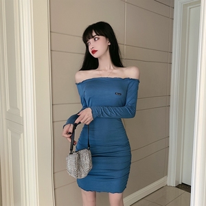 New off shoulder fashion sexy temperament long sleeve waist bag hip slim dress