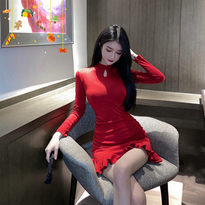 Long sleeve red close waist show thin sexy fashion Ruffle fishtail dress