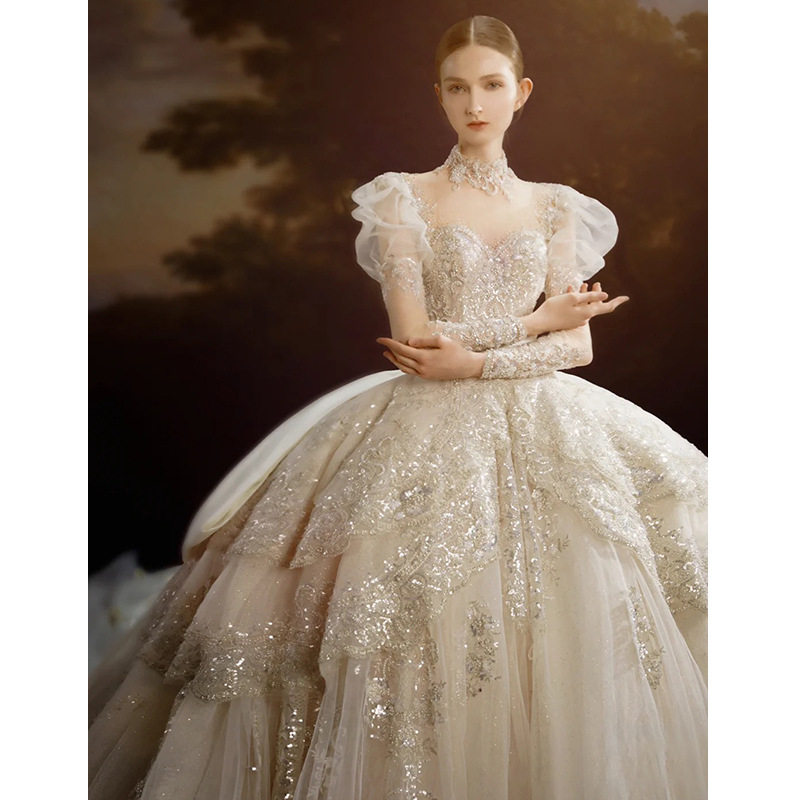 长袖轻婚纱2021新款新娘高端重工奢华大拖尾香槟色高级感质感主纱