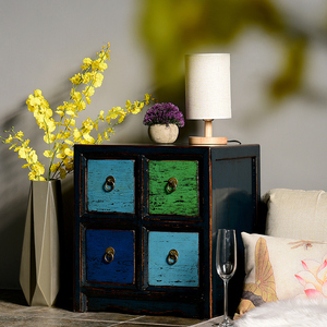 漆艺小斗柜混搭家具实木彩漆床头柜仿古四屉柜青蓝装饰边柜斗柜