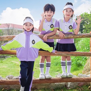 紫色小学生校服春秋款三件套夏季短袖班服套装幼儿园园服入园服