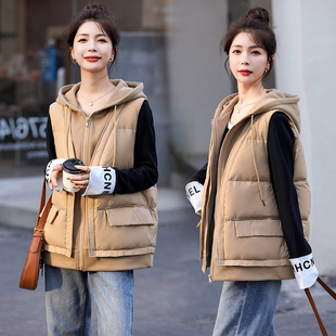 韩版冬装新款休闲假两件设计连帽无袖卫衣拼接白鸭绒无袖羽绒马甲