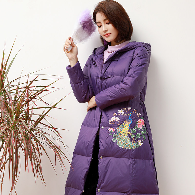白鸭绒女羽绒服冬装中长款禅衣茶服复古绣花连帽古风国风紫色外套